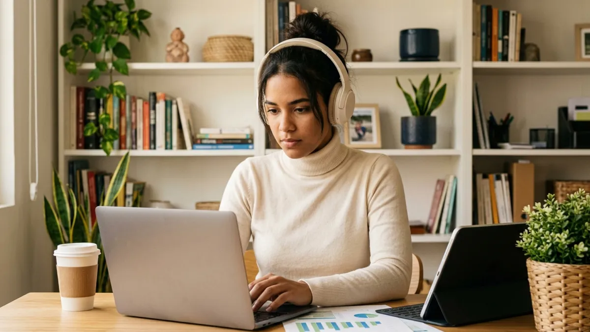 Profesional estudiando en línea desde casa accediendo a programas académicos digitales para avanzar en su desarrollo profesional con flexibilidad y acceso a educación internacional