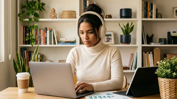 Profesional estudiando en línea desde casa accediendo a programas académicos digitales para avanzar en su desarrollo profesional con flexibilidad y acceso a educación internacional