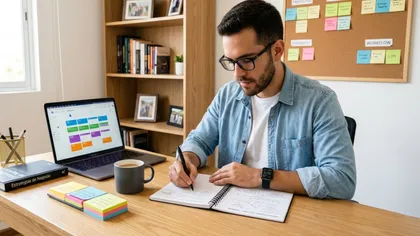 Profesional organizando su día entre trabajo y estudio, gestionando tareas y horarios para equilibrar responsabilidades de forma eficiente