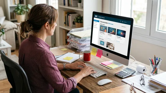 Profesional estudiando en plataforma de educación virtual, interactuando recursos digitales para aprender a su propio ritmo y desarrollar habilidades profesionales