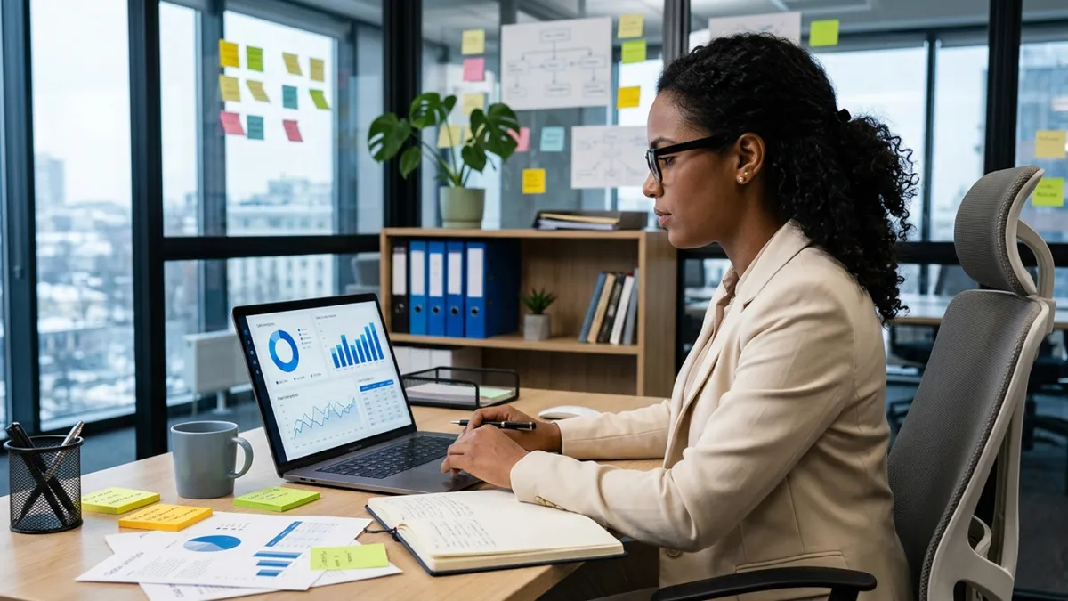 Profesional aplicando nuevas habilidades aprendidas en un diplomado mediante herramientas digitales en su trabajo,para analizar datos y tomar decisiones en un entorno profesional