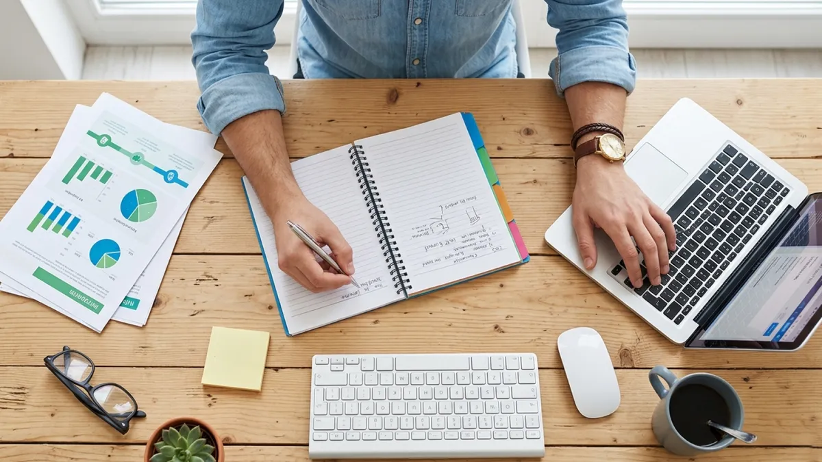 Profesional comparando opciones de estudio en laptop entre diplomado, especialidad y maestría, analizando programas educativos para elegir la mejor opción según sus objetivos profesionales